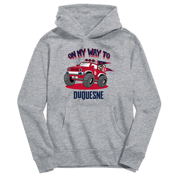 Duquesne Dukes On My Way Monster Truck Heather Grey Cotton Youth Hoodie