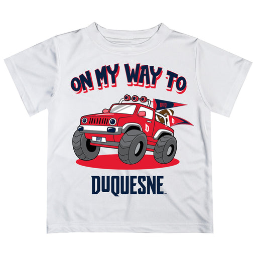 Duquesne Dukes Vive La Fete Monster Truck Boys Game Day White Short Sleeve Tee