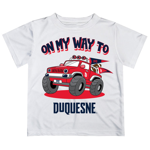 Duquesne Dukes Vive La Fete Monster Truck Boys Game Day White Short Sleeve Tee
