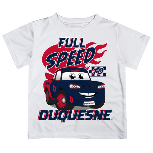 Duquesne Dukes Vive La Fete Toy Racing Car Boys Game Day White Short Sleeve Tee