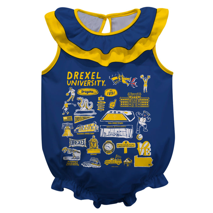Drexel University Dragons  Blue Hand Sketched Vive La Fete Impressions Artwork Sleeveless Ruffle Onesie Bodysuit