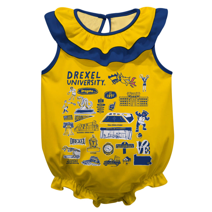 Drexel University Dragons  Gold Hand Sketched Vive La Fete Impressions Artwork Sleeveless Ruffle Onesie Bodysuit