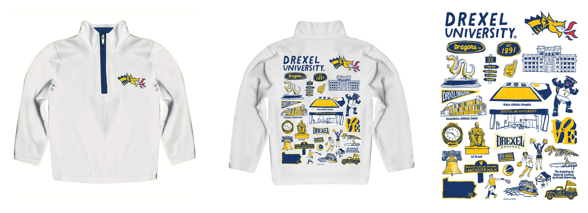 Drexel University Dragons Hand Sketched Vive La Fete Impressions Artwork White Boys Quarter Zip Pullover V1 - Vive La Fête - Online Apparel Store