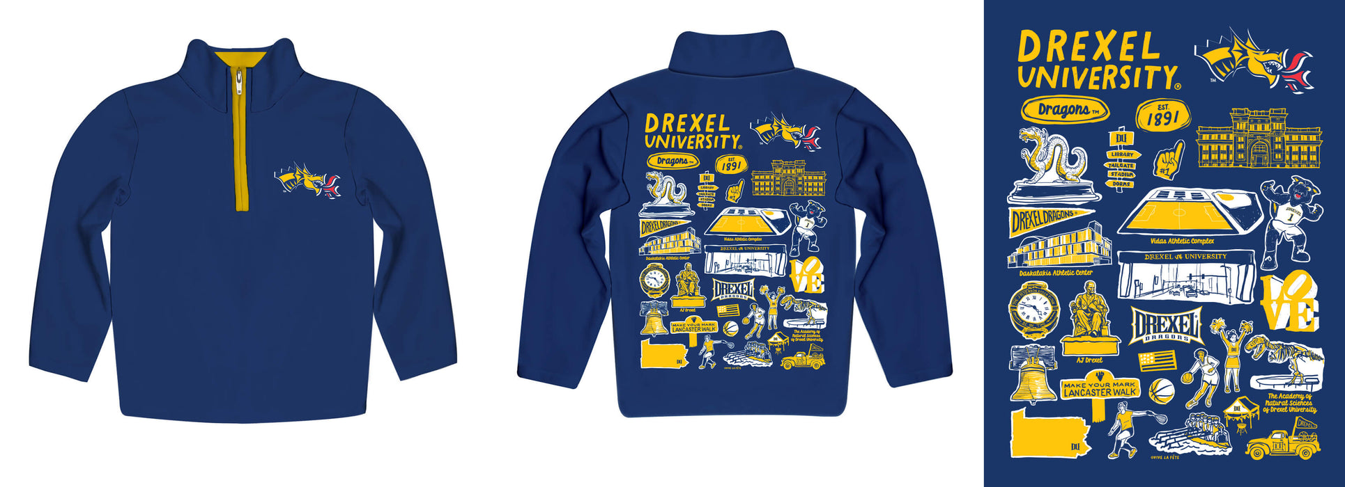 Drexel University Dragons Hand Sketched Vive La Fete Impressions Artwork Blue Boys Quarter Zip Pullover V1 - Vive La Fête - Online Apparel Store