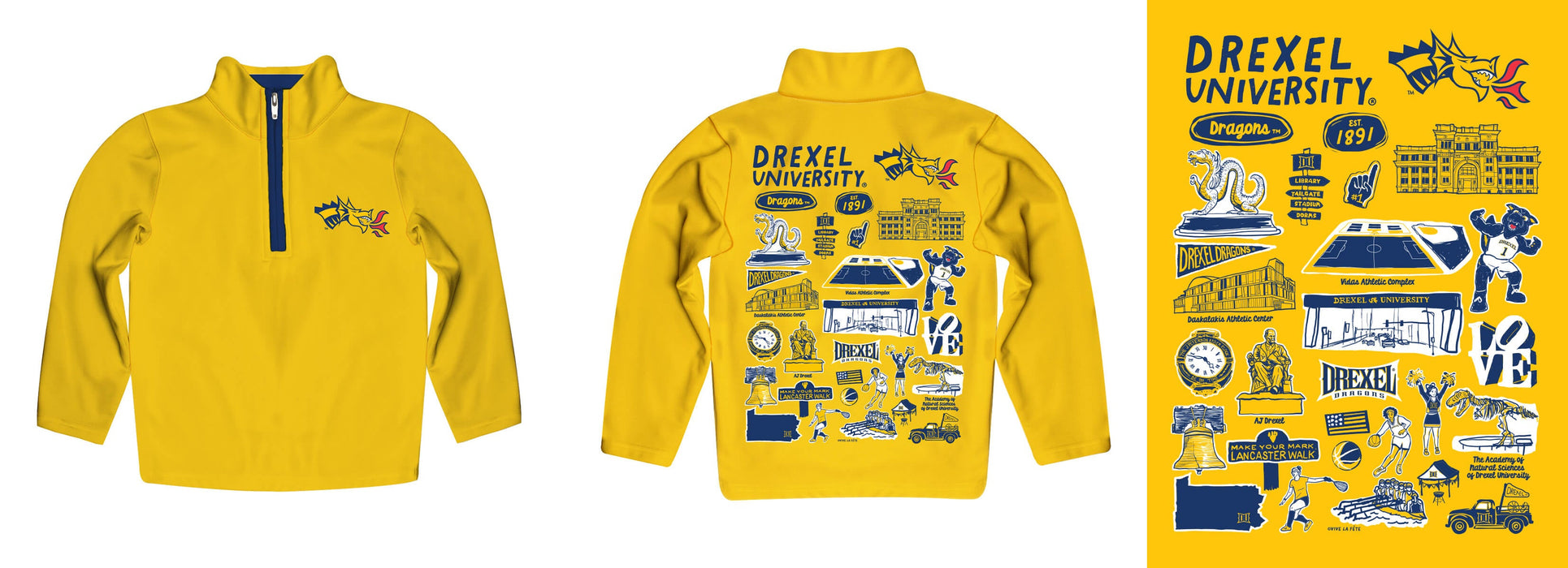 Drexel University Dragons Hand Sketched Vive La Fete Impressions Artwork Gold Boys Quarter Zip Pullover V1 - Vive La Fête - Online Apparel Store
