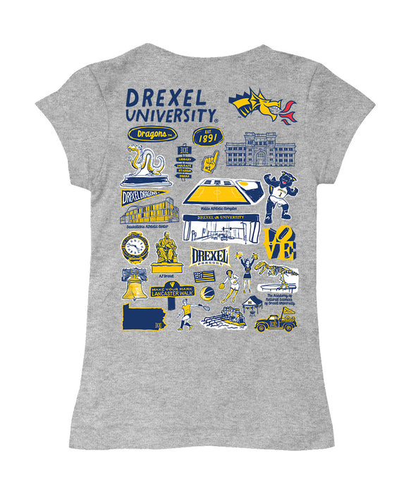 Drexel University Dragons Hand Sketched Vive La Fete Impressions Artwork Grey Girls Cotton Short Sleeve Tee - Vive La Fête - Online Apparel Store