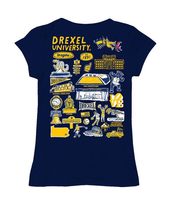 Drexel University Dragons Hand Sketched Vive La Fete Impressions Artwork Navy Girls Cotton Short Sleeve Tee - Vive La Fête - Online Apparel Store