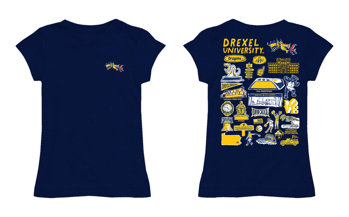 Drexel University Dragons Hand Sketched Vive La Fete Impressions Artwork Navy Girls Cotton Short Sleeve Tee - Vive La Fête - Online Apparel Store