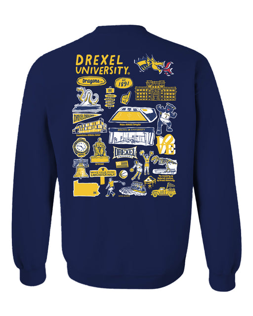 Drexel University Dragons Hand Sketched Artwork Navy Crewneck Sweatshirt for Women - Vive La Fête - Online Apparel Store