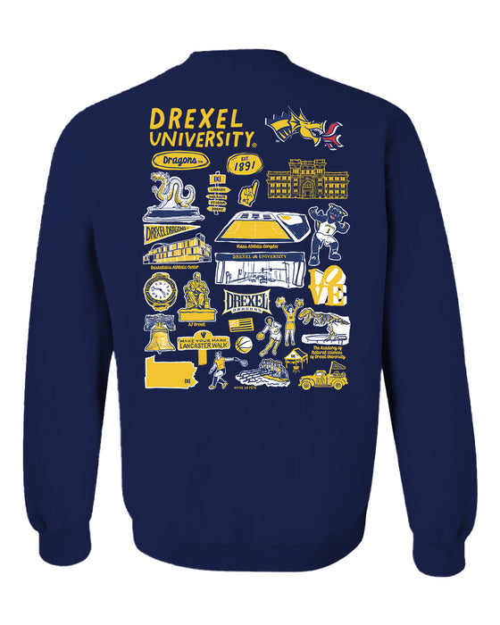 Drexel University Dragons Hand Sketched Artwork Navy Crewneck Sweatshirt for Women - Vive La Fête - Online Apparel Store