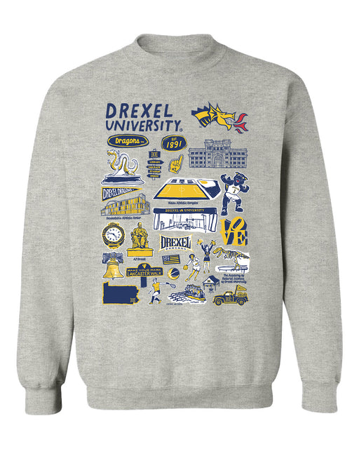 Drexel University Dragons Hand Sketched Vive La Fete Impressions Grey Cotton Crewneck Sweatshirt for Women