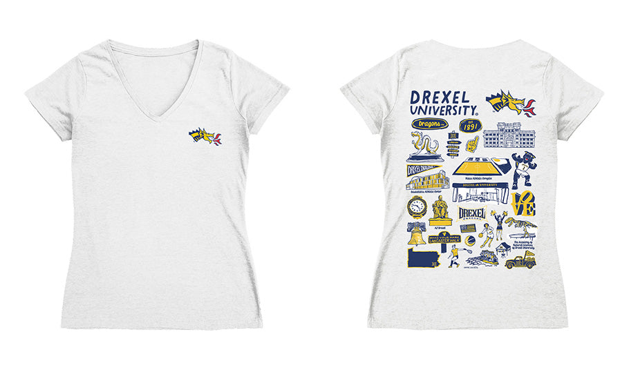 Drexel University Dragons Hand Sketched Vive La Fete Impressions Artwork Navy Women Cotton Short Sleeve V-Neck Tshirt