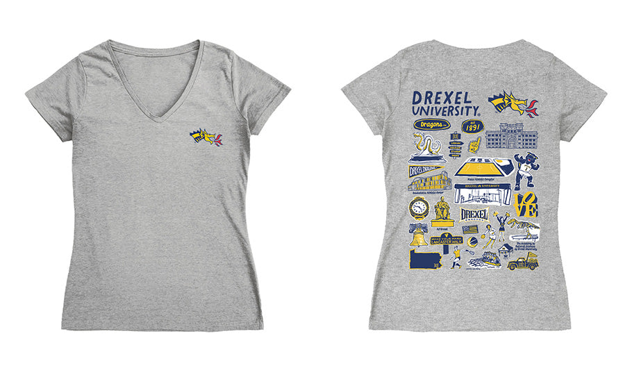 Drexel University Dragons Hand Sketched Vive La Fete Impressions Artwork Navy Women Cotton Short Sleeve V-Neck Tshirt