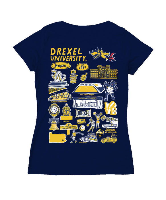 Drexel University Dragons Hand Sketched Vive La Fete Impressions Artwork Navy Women Cotton Short Sleeve V-Neck Tshirt