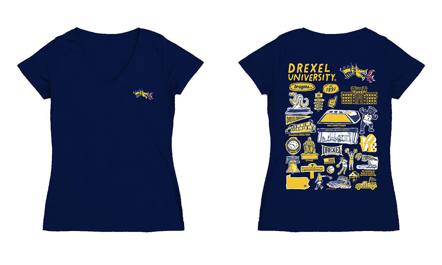 Drexel University Dragons Hand Sketched Vive La Fete Impressions Artwork Navy Women Cotton Short Sleeve V-Neck Tshirt