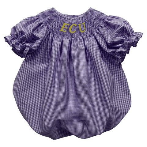 East Carolina Pirates Smocked Purple Gingham Short Sleeve Girls Bubble