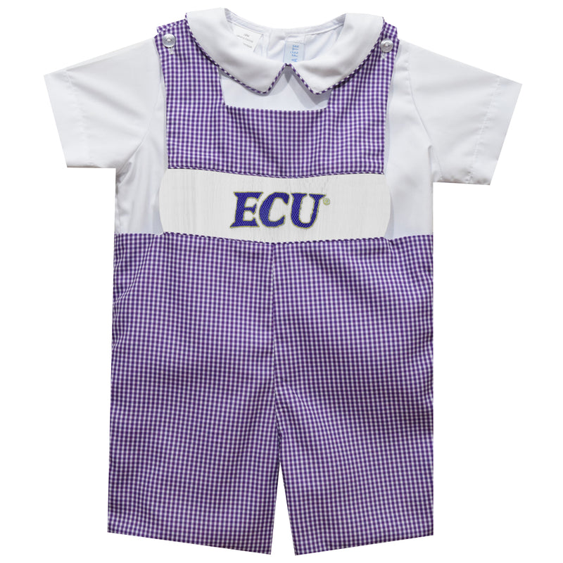 East Carolina Pirates Smocked Purple Gingham Jon Jon and Short Sleeve White Shirt