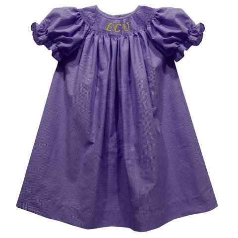 East Carolina Pirates Smocked Purple Gingham Short  Sleeve Bishop
