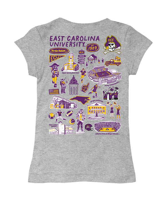 East Carolina Pirates Hand Sketched Vive La Fete Impressions Artwork Grey Girls Cotton Short Sleeve Tee - Vive La Fête - Online Apparel Store