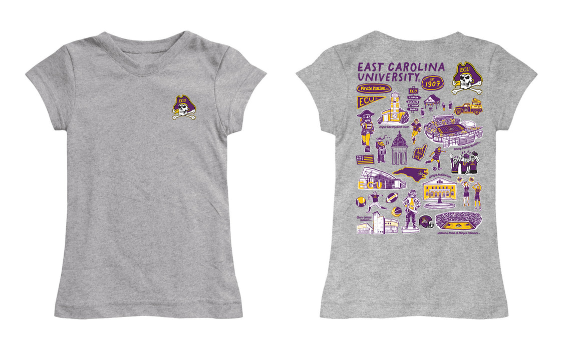 East Carolina Pirates Hand Sketched Vive La Fete Impressions Artwork Grey Girls Cotton Short Sleeve Tee - Vive La Fête - Online Apparel Store