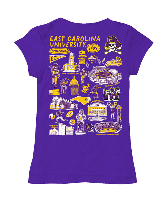 East Carolina Pirates Hand Sketched Vive La Fete Impressions Artwork Purple Girls Cotton Short Sleeve Tee - Vive La Fête - Online Apparel Store