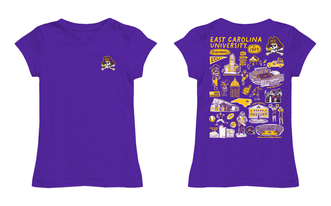 East Carolina Pirates Hand Sketched Vive La Fete Impressions Artwork Purple Girls Cotton Short Sleeve Tee - Vive La Fête - Online Apparel Store