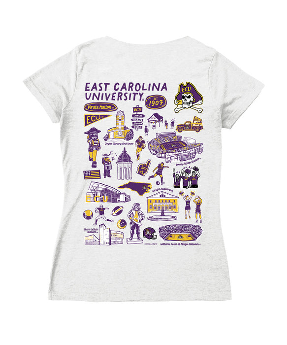 East Carolina Pirates Hand Sketched Vive La Fete Impressions Artwork Purple Women Cotton Short Sleeve V-Neck Tshirt