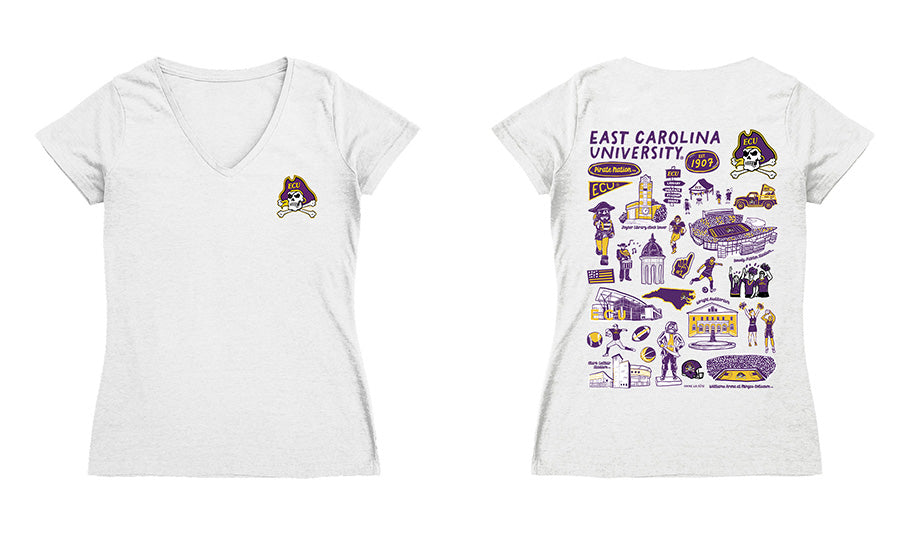 East Carolina Pirates Hand Sketched Vive La Fete Impressions Artwork Purple Women Cotton Short Sleeve V-Neck Tshirt