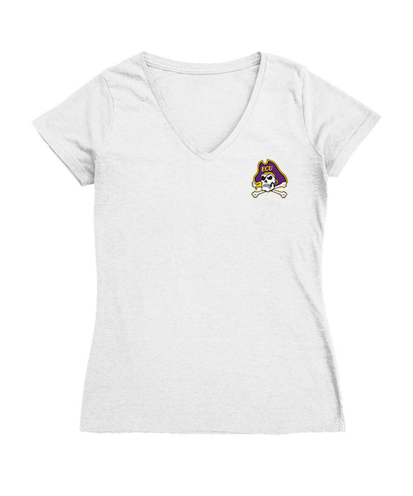 East Carolina Pirates Hand Sketched Vive La Fete Impressions Artwork White Women Cotton Short Sleeve V-Neck Tshirt
