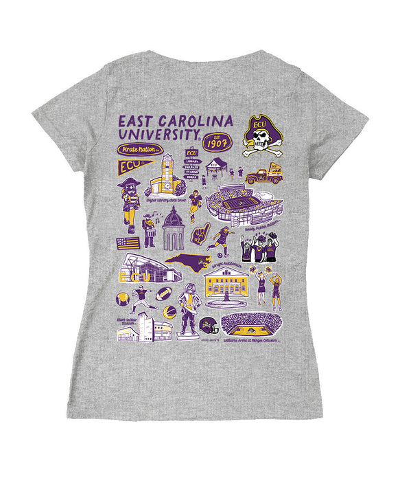 East Carolina Pirates Hand Sketched Vive La Fete Impressions Artwork Purple Women Cotton Short Sleeve V-Neck Tshirt