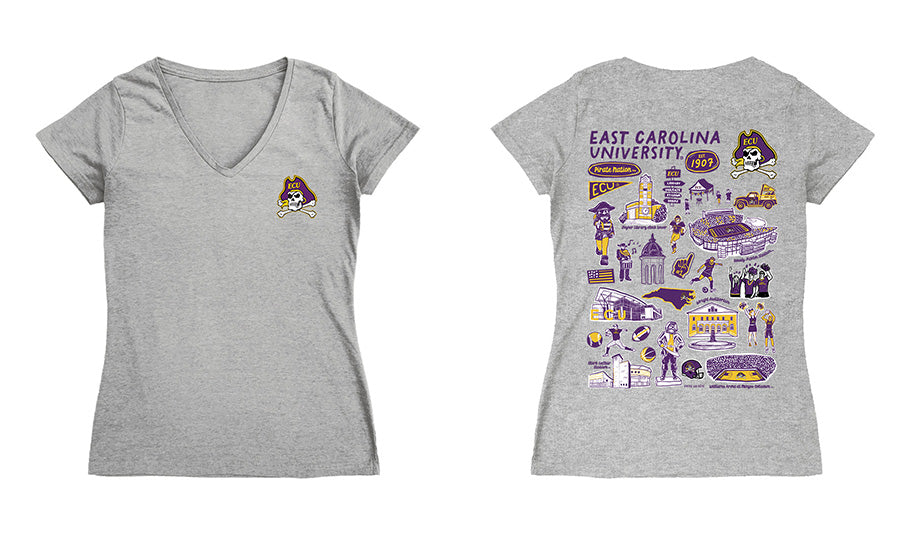 East Carolina Pirates Hand Sketched Vive La Fete Impressions Artwork Purple Women Cotton Short Sleeve V-Neck Tshirt