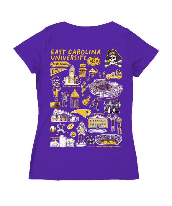 East Carolina Pirates Hand Sketched Vive La Fete Impressions Artwork Purple Women Cotton Short Sleeve V-Neck Tshirt