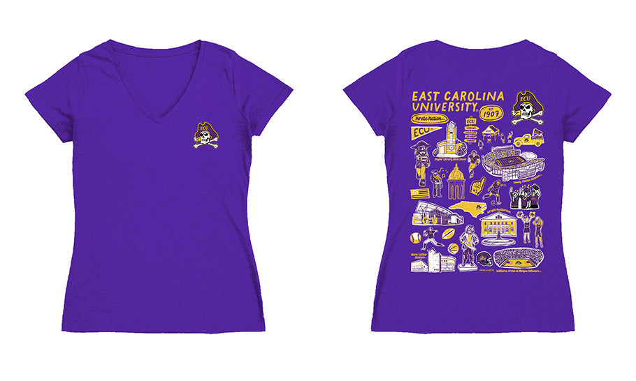 East Carolina Pirates Hand Sketched Vive La Fete Impressions Artwork Purple Women Cotton Short Sleeve V-Neck Tshirt