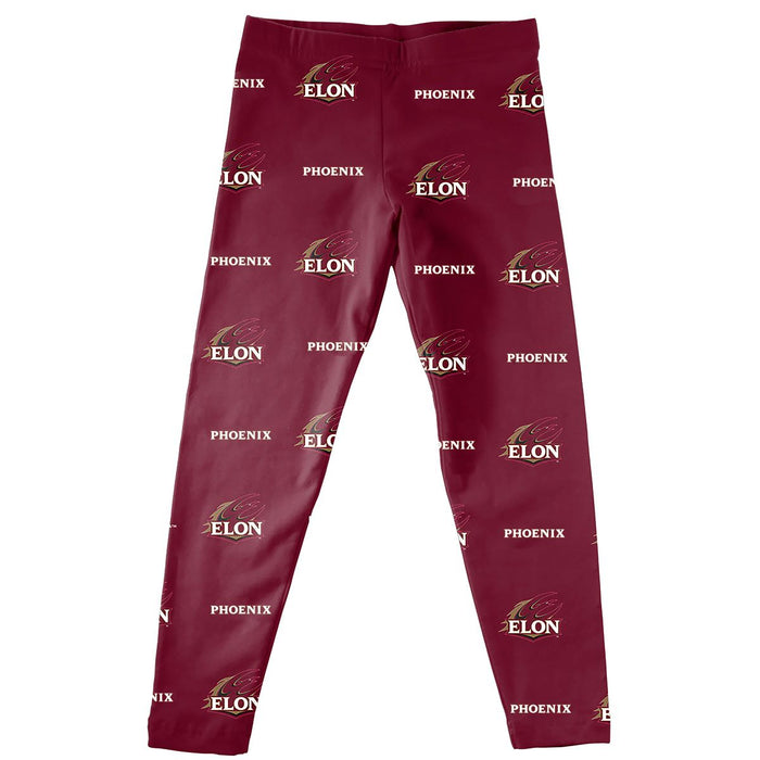 Elon University Phoenix Vive La Fete Girls Game Day All Over Two Logos Elastic Waist Classic Play Maroon Leggings Tights
