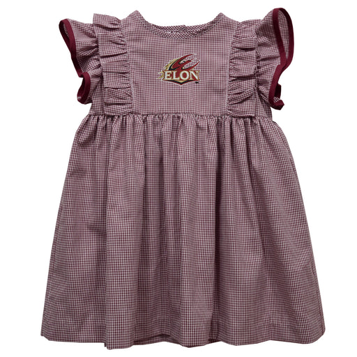 Elon University Phoenix Embroidered Maroon Gingham Ruffle Dress
