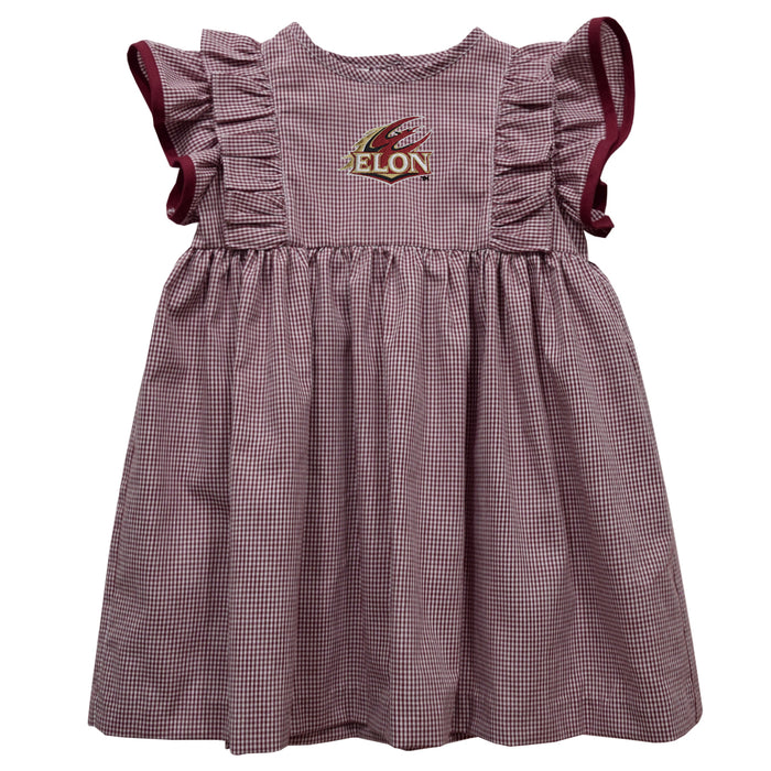 Elon University Phoenix Embroidered Maroon Gingham Ruffle Dress