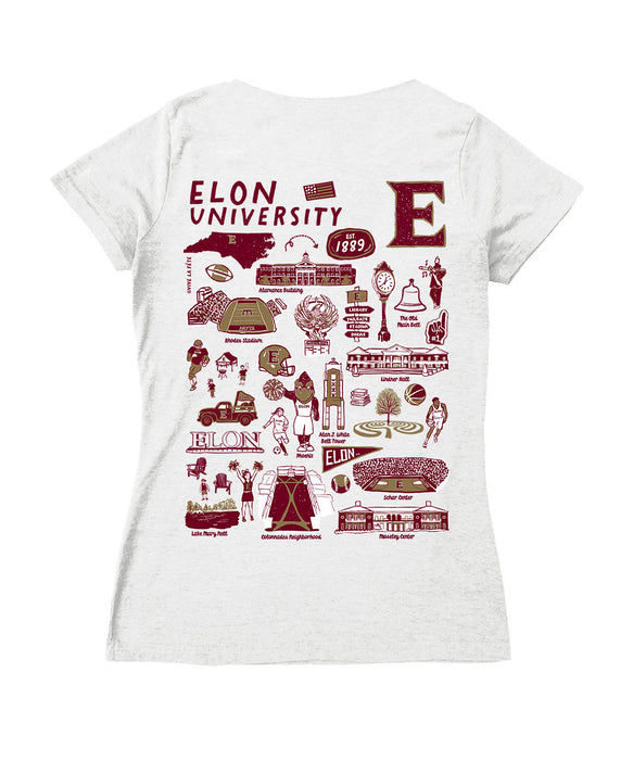 Elon University Phoenix Hand Sketched Vive La Fete Impressions Artwork Maroon Women Cotton Short Sleeve V-Neck Tshirt