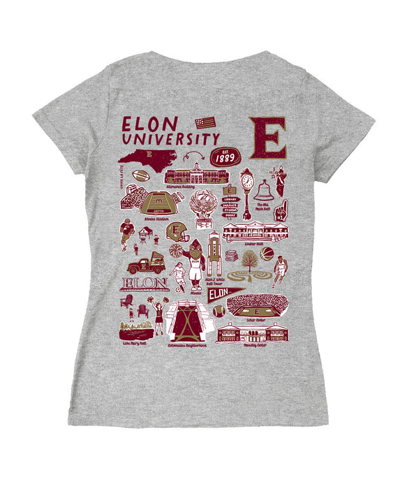 Elon University Phoenix Hand Sketched Vive La Fete Impressions Artwork Maroon Women Cotton Short Sleeve V-Neck Tshirt