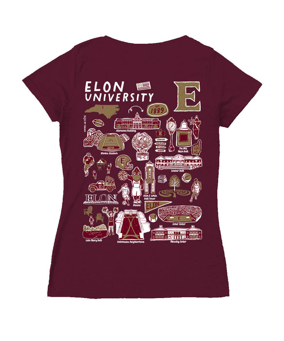 Elon University Phoenix Hand Sketched Vive La Fete Impressions Artwork Maroon Women Cotton Short Sleeve V-Neck Tshirt
