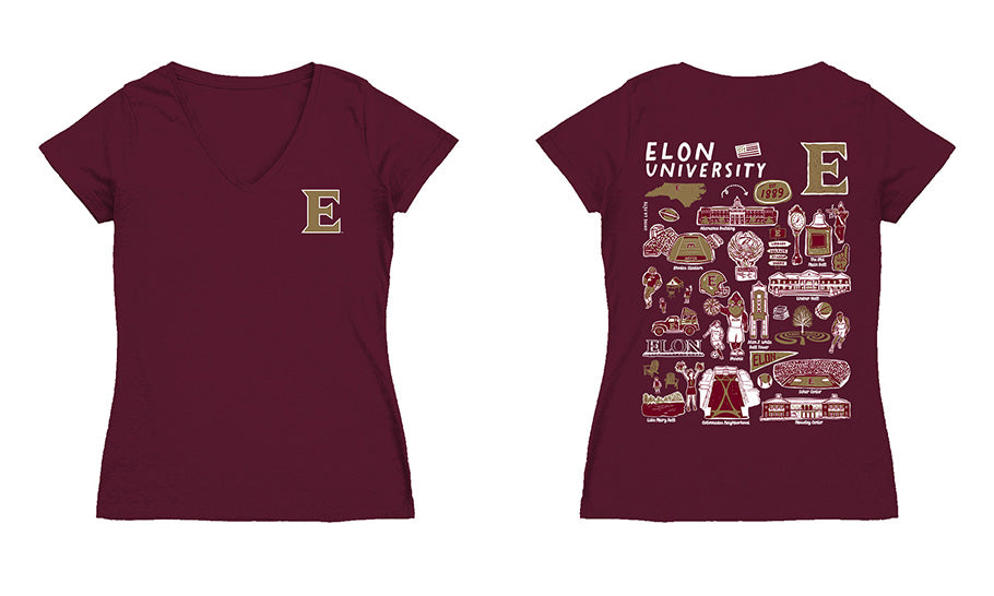 Elon University Phoenix Hand Sketched Vive La Fete Impressions Artwork Maroon Women Cotton Short Sleeve V-Neck Tshirt