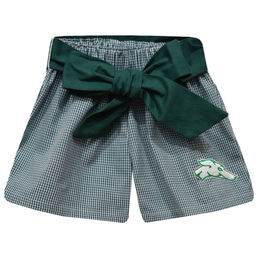 ENMU Eastern New Mexico Greyhounds Embroidered Hunter Green Gingham Girls Short with Sash - Vive La Fête - Online Apparel Store
