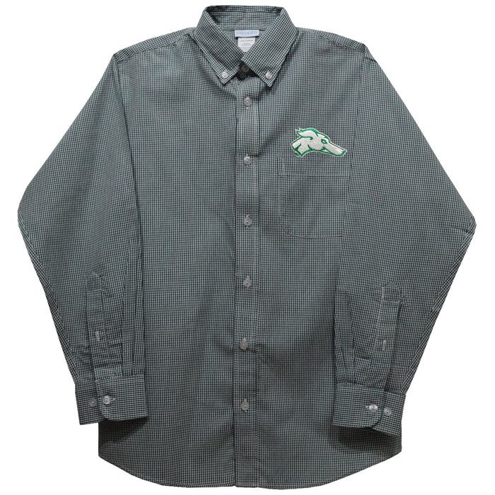 ENMU Eastern New Mexico Greyhounds Embroidered Hunter Green Gingham Long Sleeve Button Down Shirt - Vive La Fête - Online Apparel Store