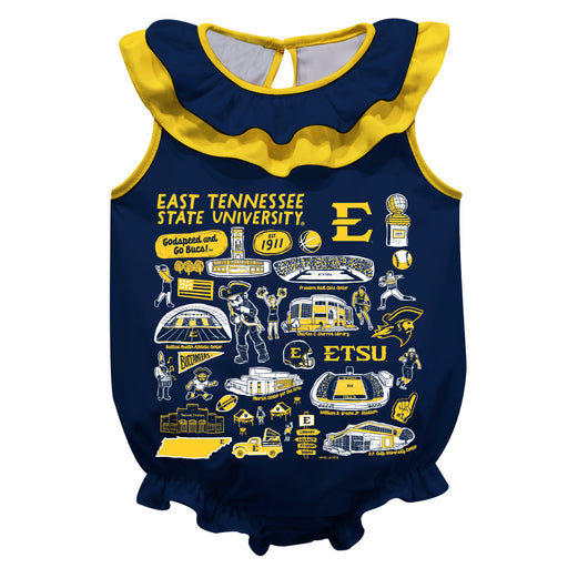 East Tennessee Buccaneers  Navy Hand Sketched Vive La Fete Impressions Artwork Sleeveless Ruffle Onesie Bodysuit
