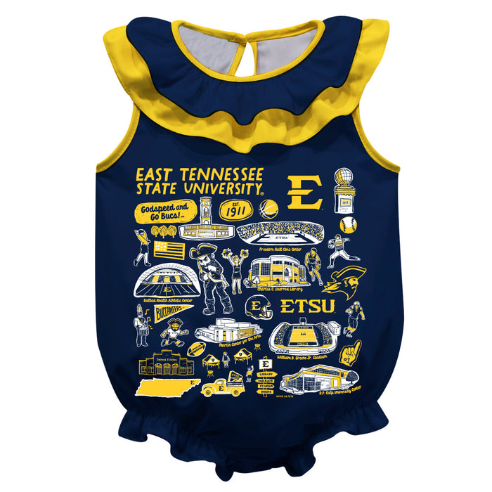 East Tennessee Buccaneers  Navy Hand Sketched Vive La Fete Impressions Artwork Sleeveless Ruffle Onesie Bodysuit
