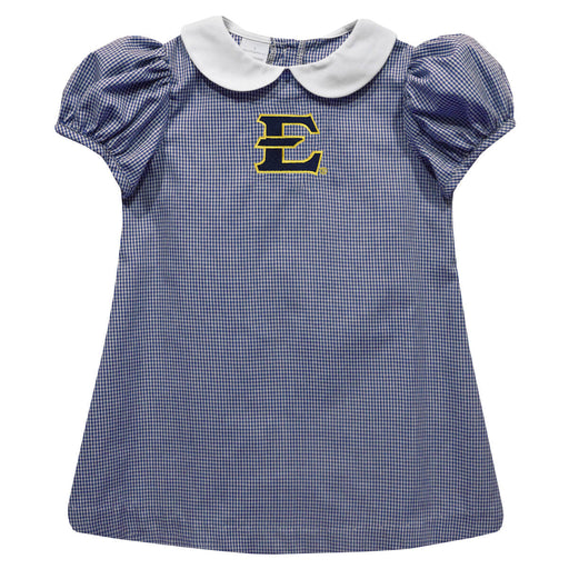 East Tennessee Buccaneers Embroidered Navy Gingham Short Sleeve A Line Dress