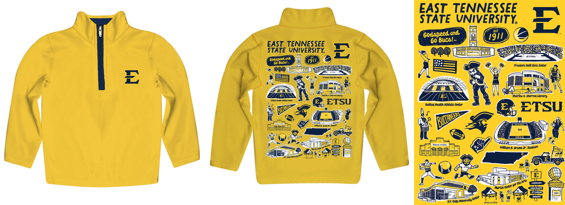 East Tennessee Buccaneers Hand Sketched Vive La Fete Impressions Artwork Gold Boys Quarter Zip Pullover V1 - Vive La Fête - Online Apparel Store