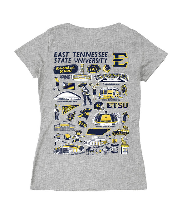 East Tennessee Buccaneers Hand Sketched Vive La Fete Impressions Artwork Navy Women Cotton Short Sleeve V-Neck Tshirt