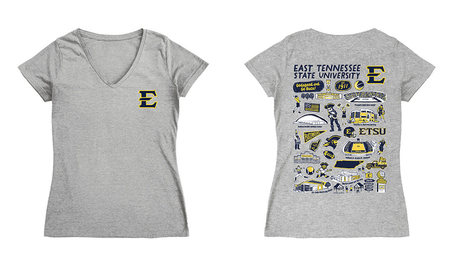 East Tennessee Buccaneers Hand Sketched Vive La Fete Impressions Artwork Navy Women Cotton Short Sleeve V-Neck Tshirt