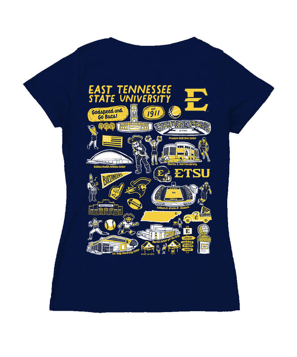 East Tennessee Buccaneers Hand Sketched Vive La Fete Impressions Artwork Navy Women Cotton Short Sleeve V-Neck Tshirt