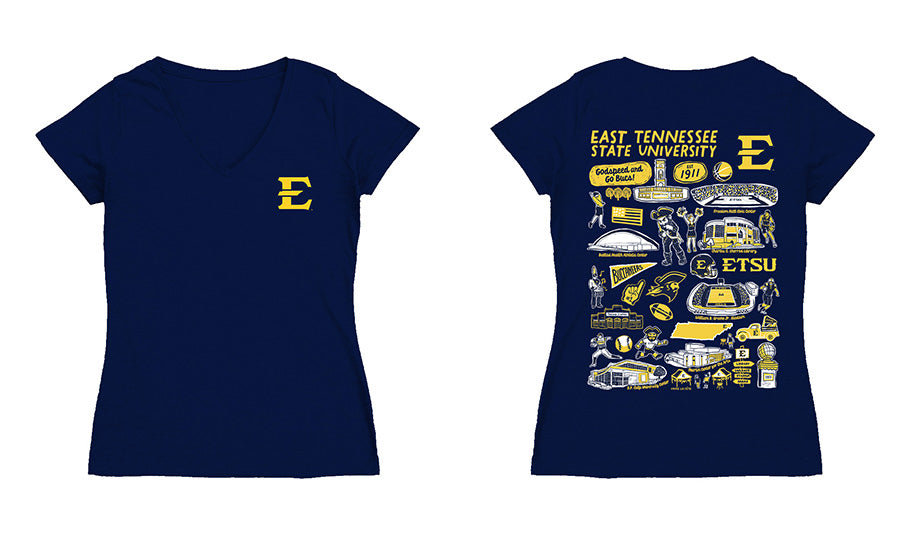 East Tennessee Buccaneers Hand Sketched Vive La Fete Impressions Artwork Navy Women Cotton Short Sleeve V-Neck Tshirt
